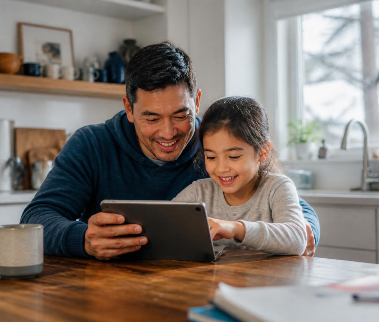 Parent and child learning together on a tablet at home